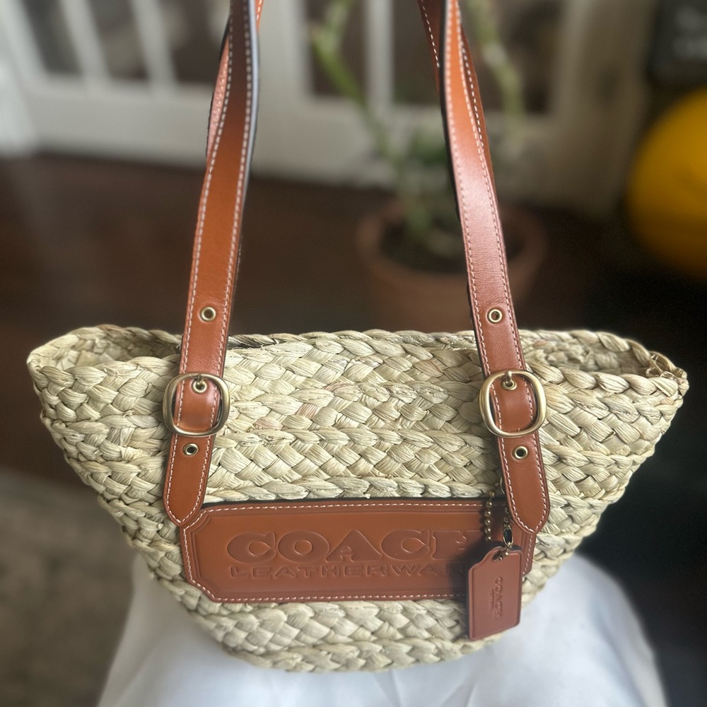 Coach Straw Tote with Tan Leather Trim and Gold Hardware